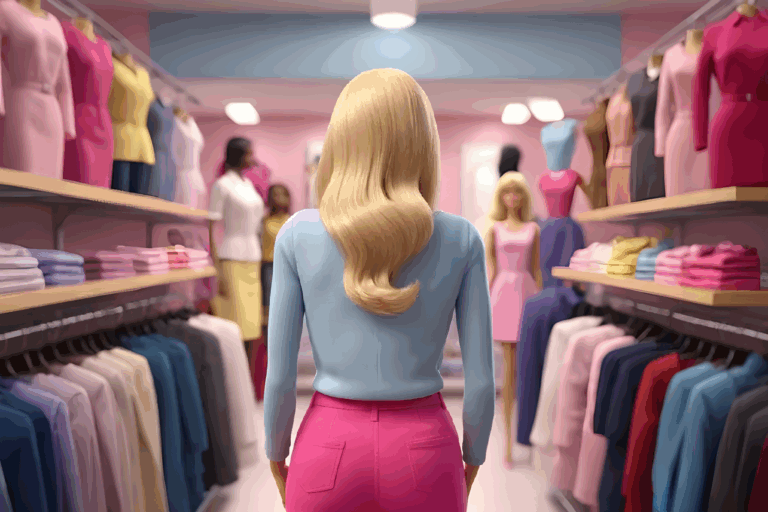 A imagem mostra um manequim feminino com cabelos loiros longos, vestindo uma blusa azul clara e calça rosa, de costas para a câmera. Ela está em uma loja de roupas colorida com paredes predominantemente rosa. Ao redor dela, há prateleiras e araras repletas de roupas em cores variadas como rosa, azul, amarelo, branco e roxo. Outros manequins podem ser vistos ao fundo da loja, também exibindo roupas em cores pastel. A loja tem um visual claro e organizado, com iluminação de teto. O ambiente transmite um estilo feminino e fashion, com uma paleta de cores vibrantes e suaves que compõem o visual da boutique.
